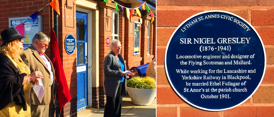 Sir Nigel Gresley blue plaque at St Annes Railway Station